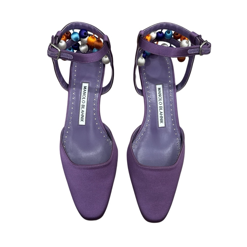 Manolo Blahnik Purple Satin Pom Pom Sandals